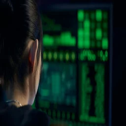 Cyberhacker looks at green text on a computer