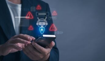 Individual on phone with AI and danger symbols graphic above