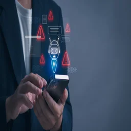 Individual on phone with AI and danger symbols graphic above