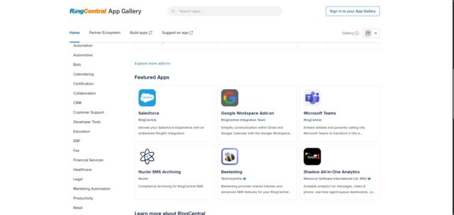 RingCentral's app library offers a vast amount of third-party integrations. Source: Tech.co testing