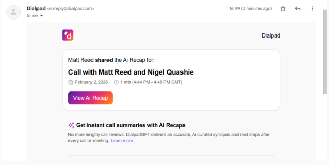 Sharing a call recap with Dialpad. Source: Tech.co