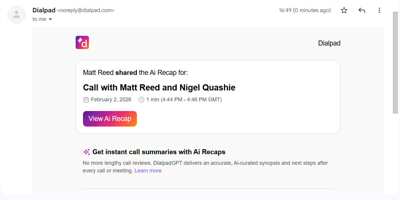 Sharing a call recap with Dialpad. Source: Tech.co