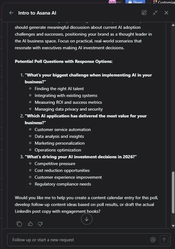 Asana AI content generator helping me brief