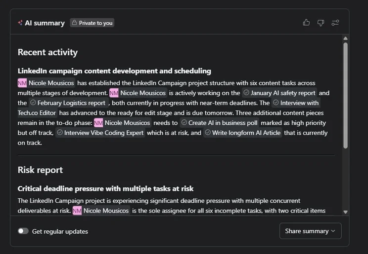 Asana AI provides a summary risk report and recent activity for me