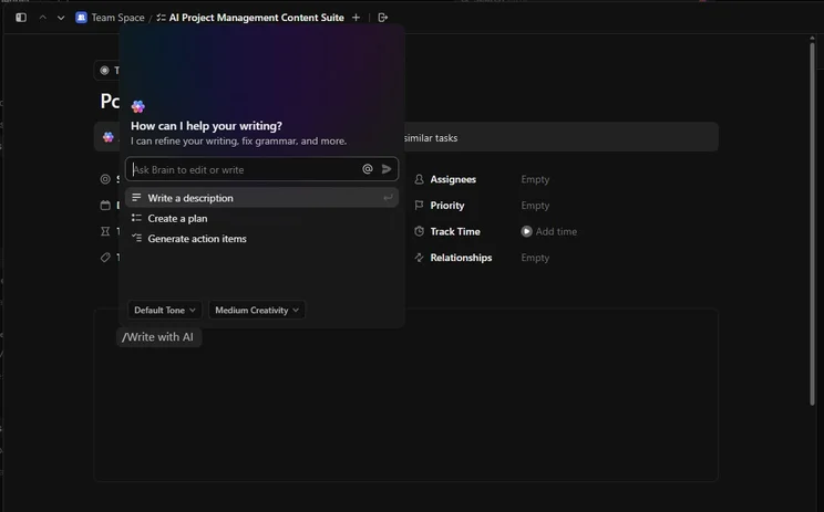 ClickUp AI copy generator helping me brief tasks