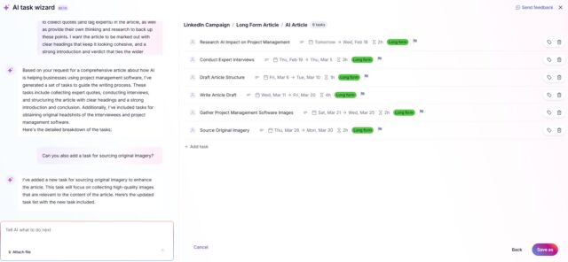 Teamwork AI task wizard generating sub tasks