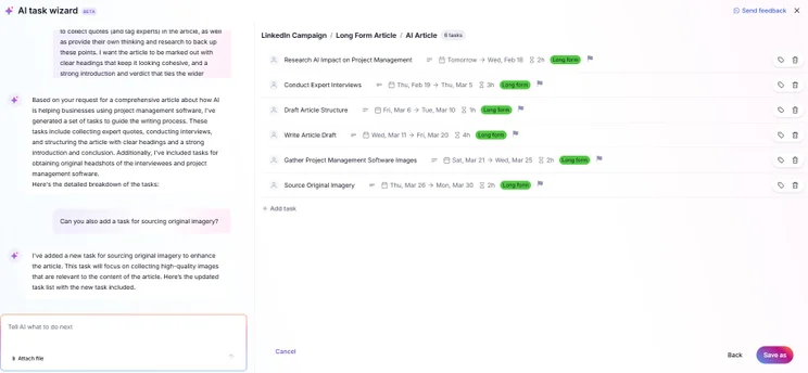 Teamwork AI task wizard generating sub tasks