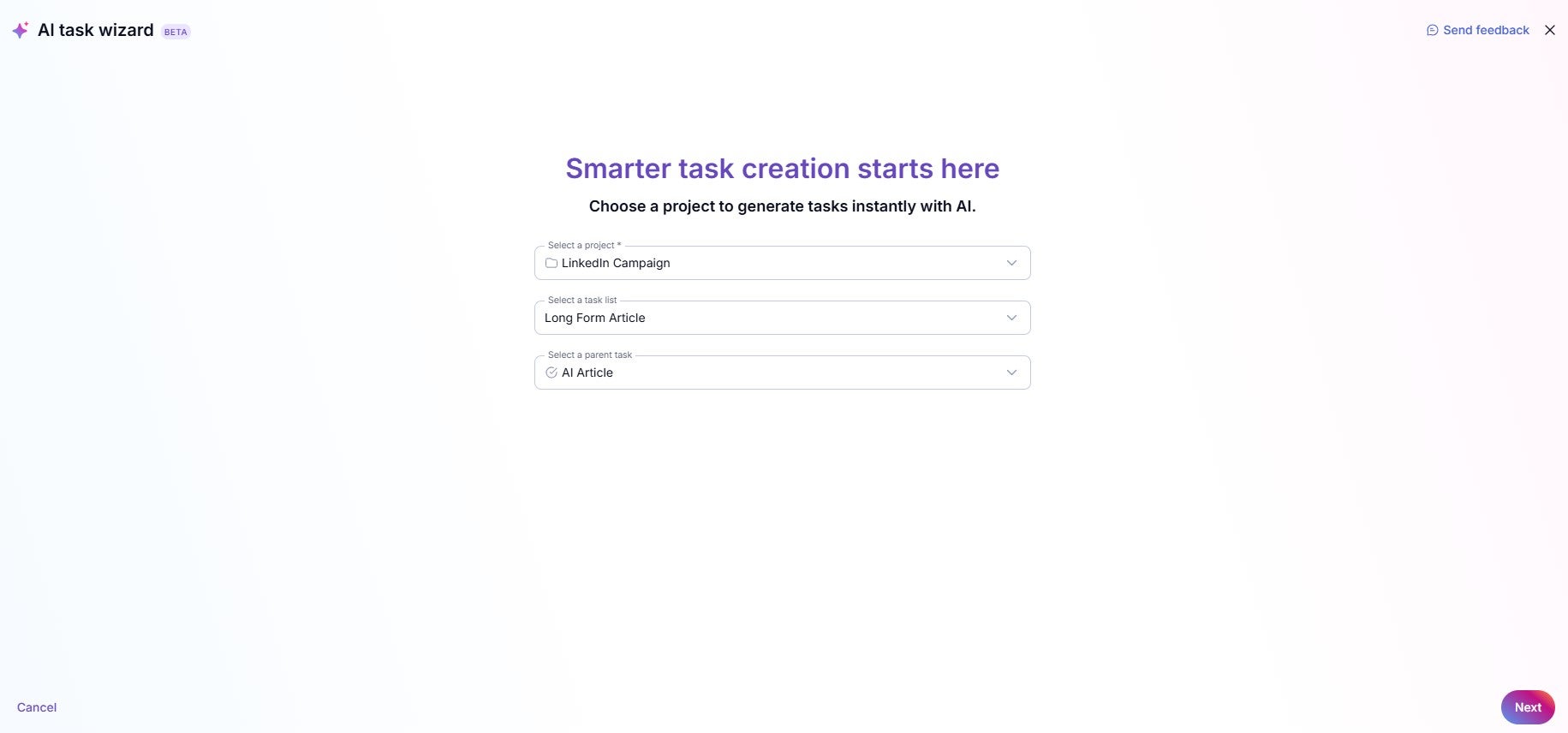 Teamwork AI task wizard home