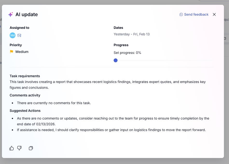 Teamwork AI updating tasks