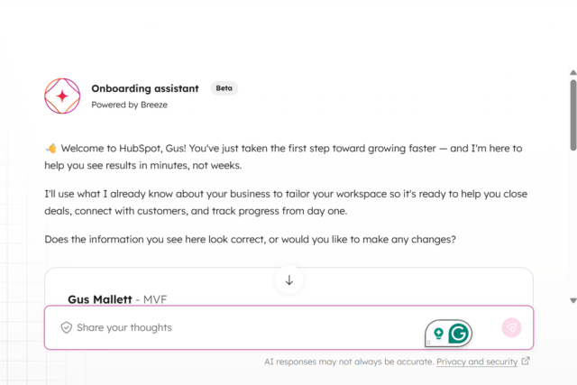 Screenshot of HubSpot onboarding process. Source: Tech.co testing