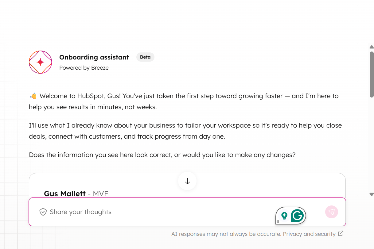 Screenshot of HubSpot onboarding process. Source: Tech.co testing