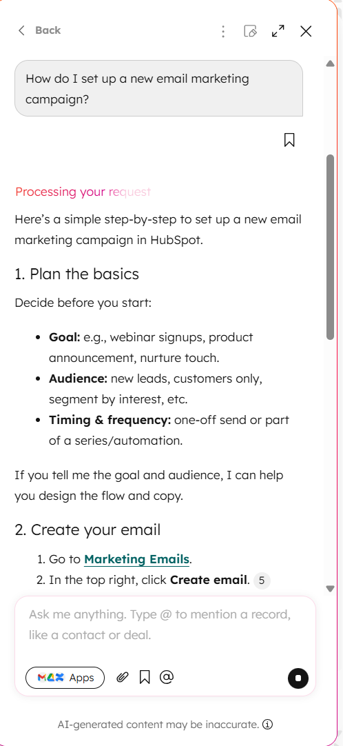 Screenshot of HubSpot AI chatbot. Source: Tech.co testing