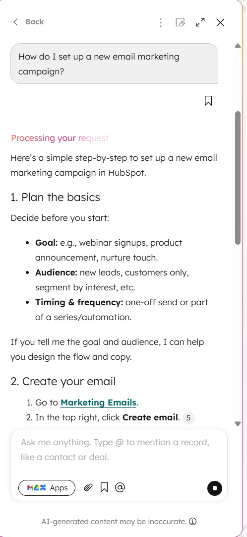 Screenshot of HubSpot AI chatbot. Source: Tech.co testing