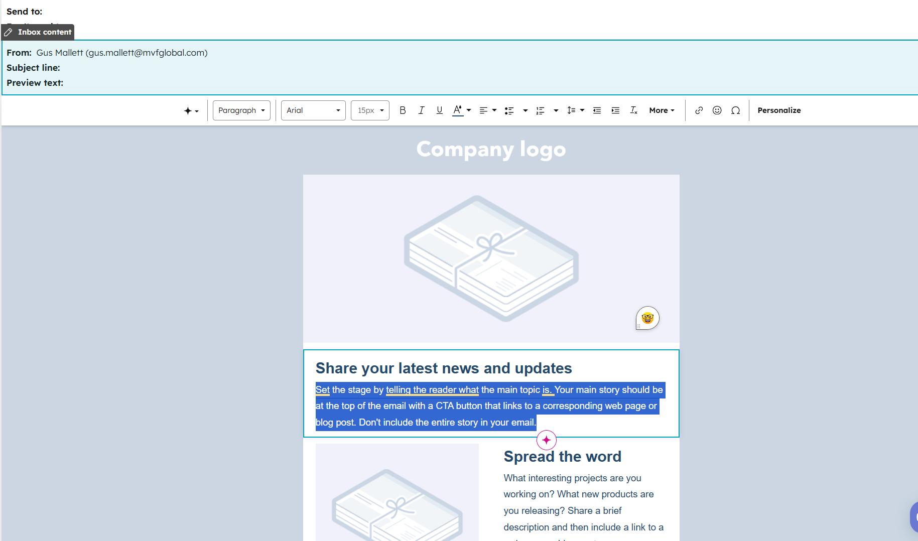 Screenshot of HubSpot email builder. Source: Tech.co testing