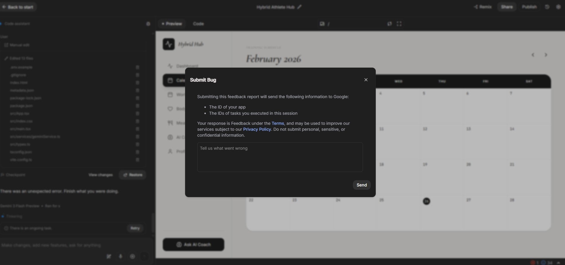 Google AI Studio submit bug