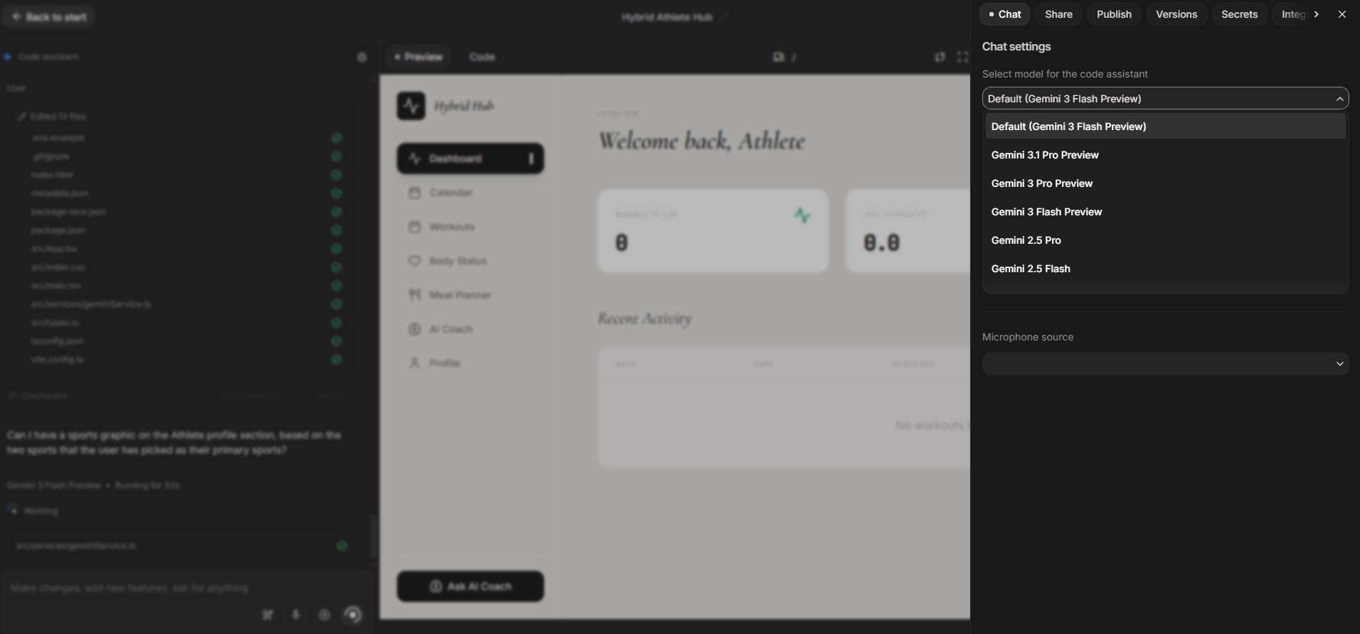 Google AI Studio model selection
