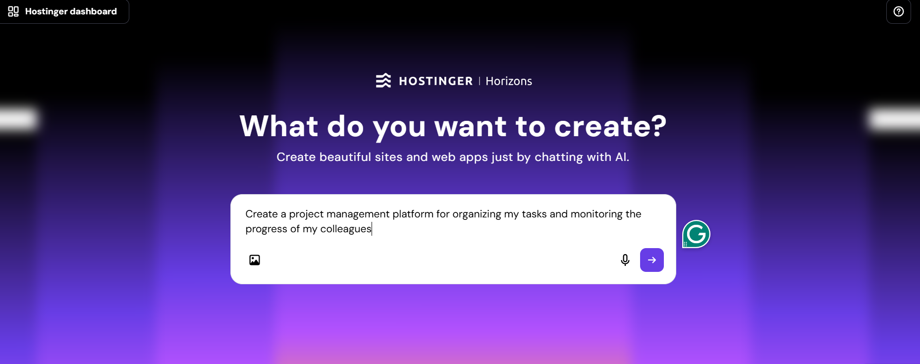 Screenshot of Hostinger Horizons testing. Source: Tech.co testing