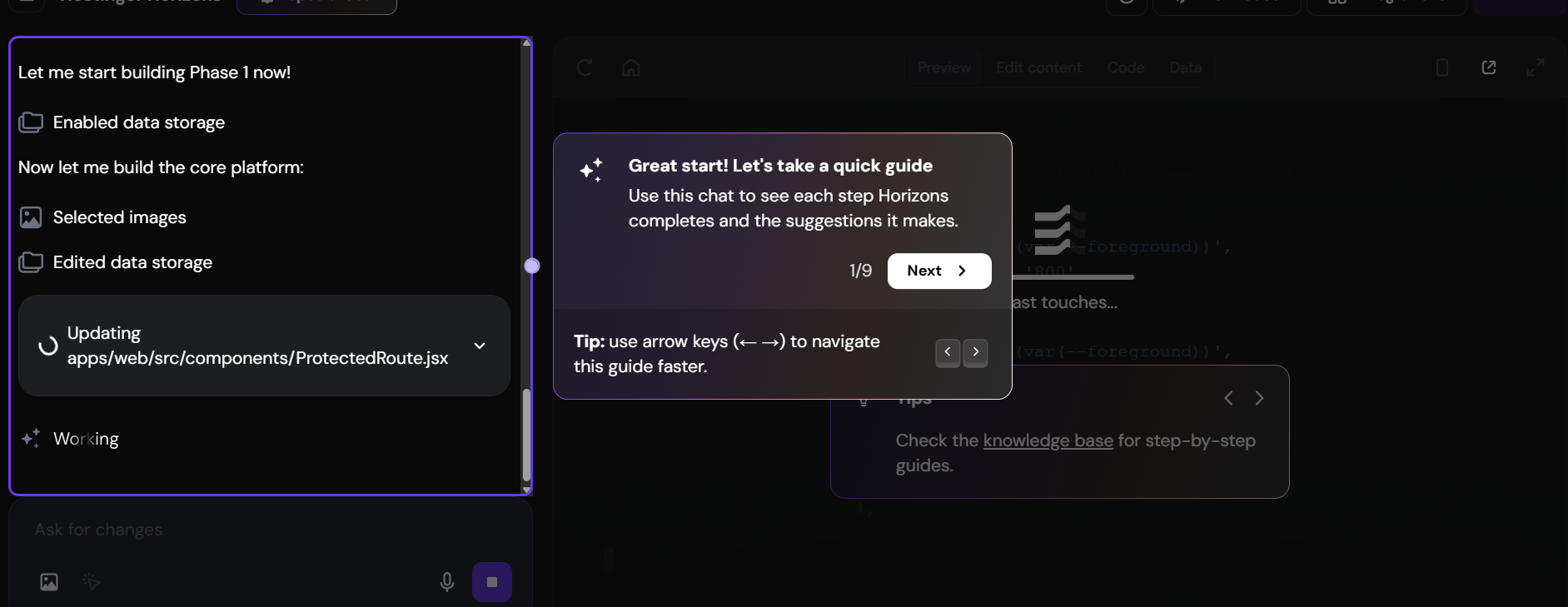 Screenshot of Hostinger Horizons testing. Source: Tech.co testing