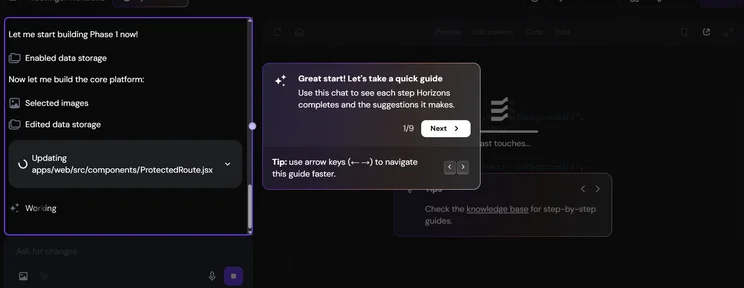 Screenshot of Hostinger Horizons testing. Source: Tech.co testing
