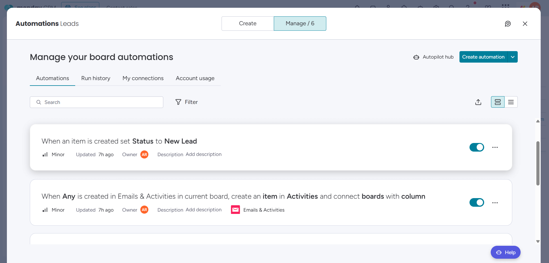 Monday CRM: managing automations