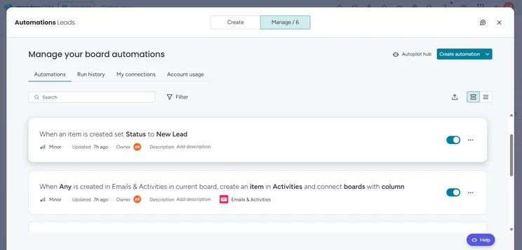 Monday CRM: managing automations