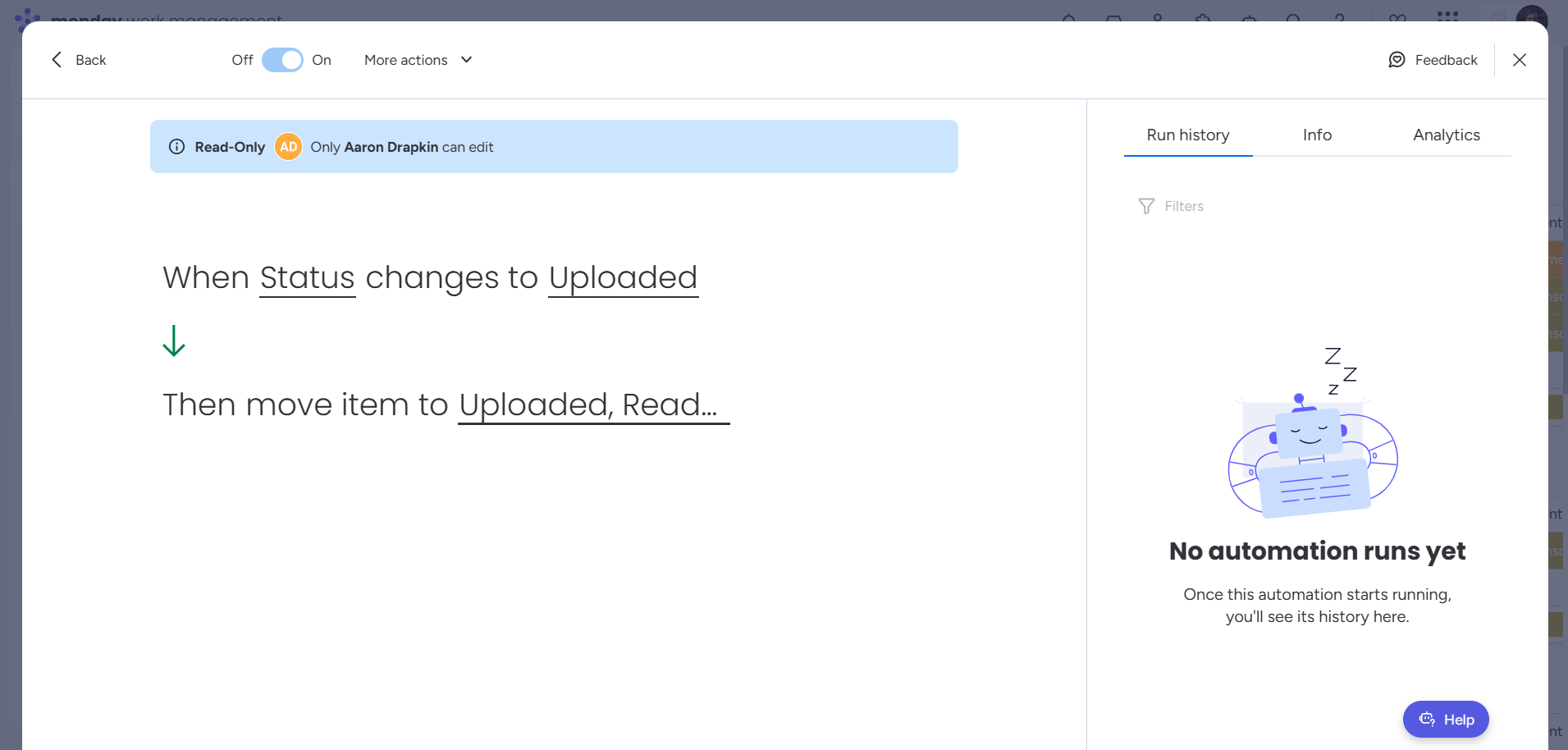 Monday automation: status change moves to uploaded