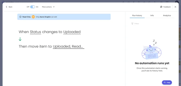 Monday automation: status change moves to uploaded
