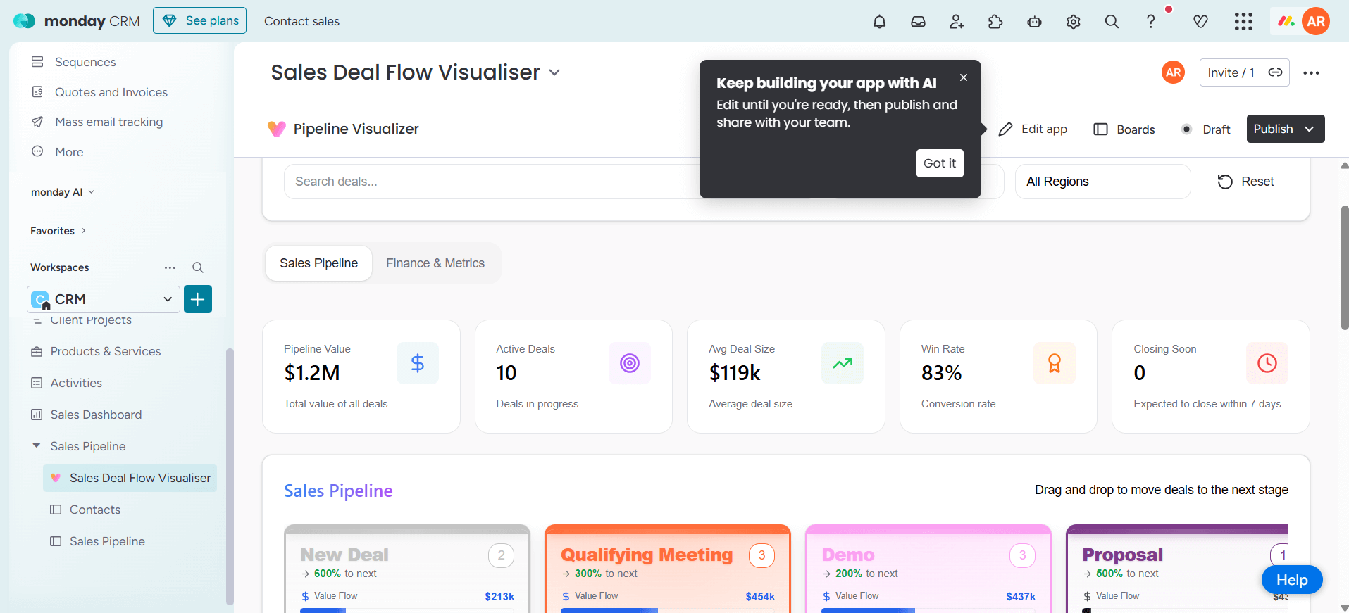 Monday's Sales Deal Flow Visualizer allows users to track their entire sales pipeline from a single board.