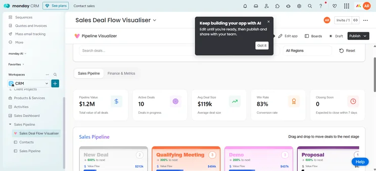 Monday's Sales Deal Flow Visualizer allows users to track their entire sales pipeline from a single board.