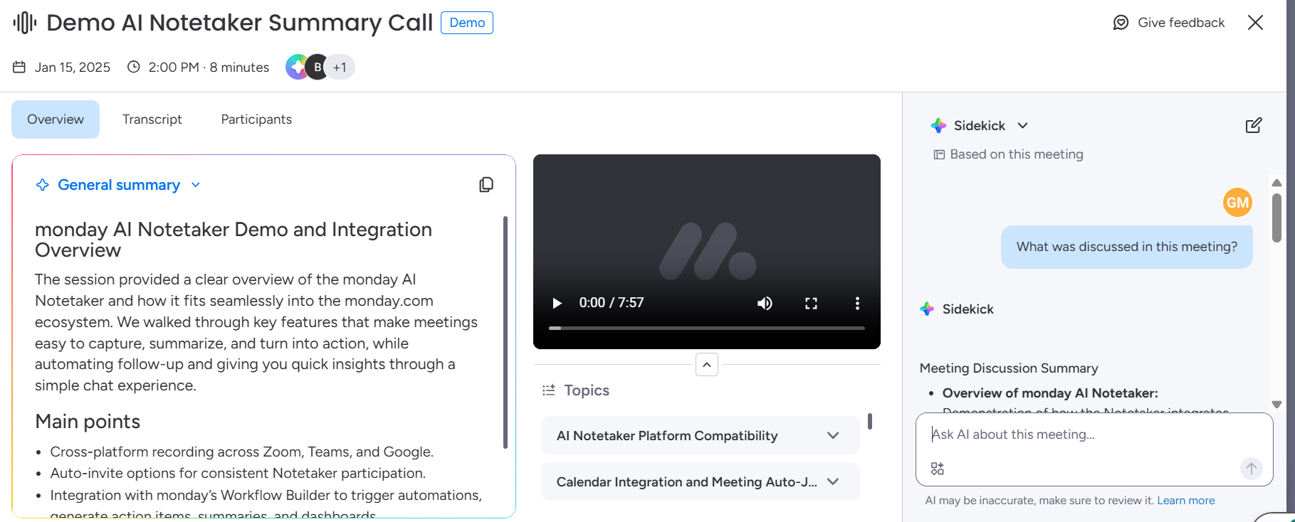 Screenshot of monday.com AI Notetaker. Source: Tech.co testing