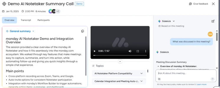 Screenshot of monday.com AI Notetaker. Source: Tech.co testing