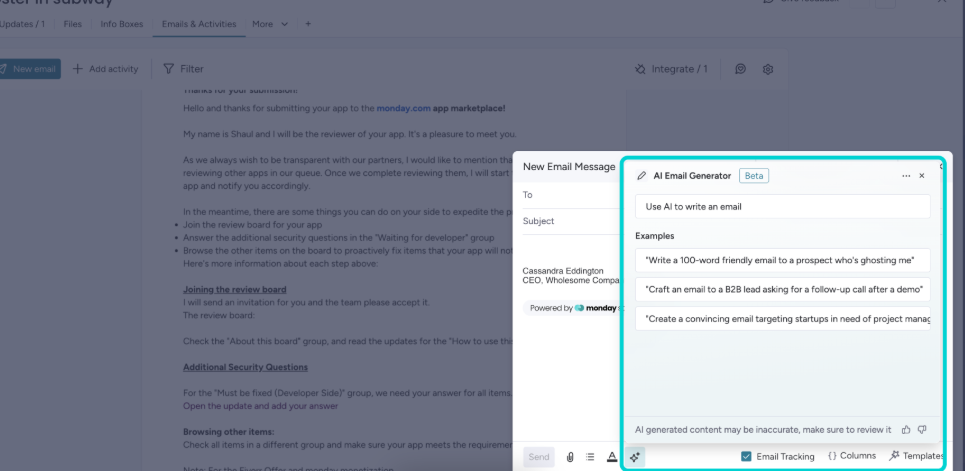 Screenshot of monday CRM email. Source: monday CRM