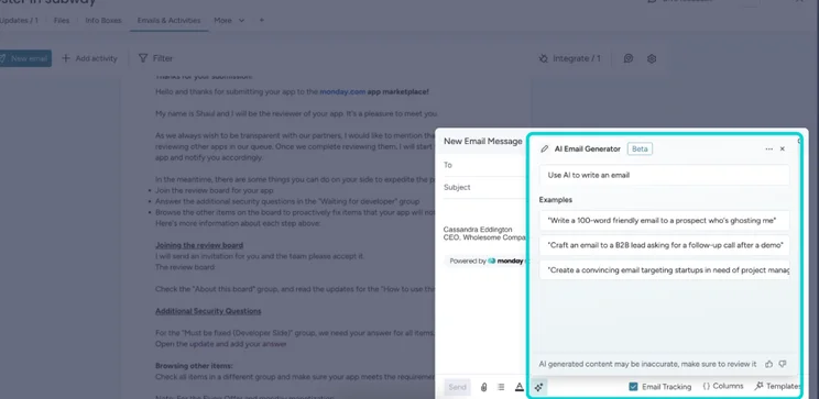 Screenshot of monday CRM email. Source: monday CRM