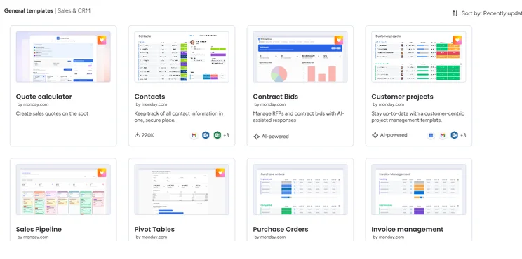 Screenshot of monday CRM templates. Source: Tech.co testing
