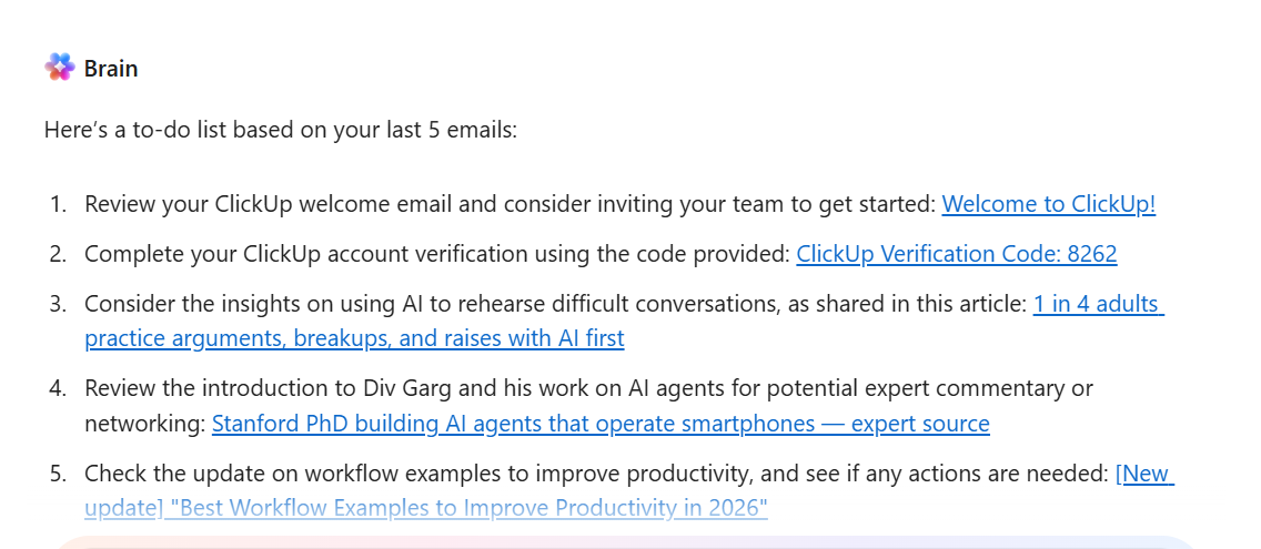 Screenshot of ClickUp Brain in action. Source: Tech.co testing