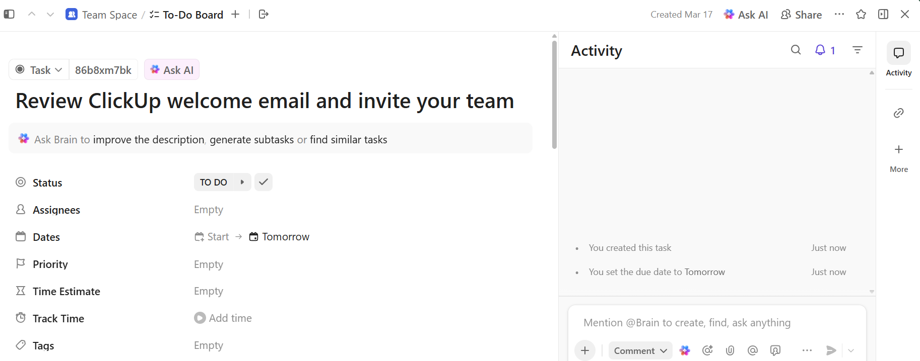 Screenshot of AI-created ClickUp task card. Source: Tech.co testing