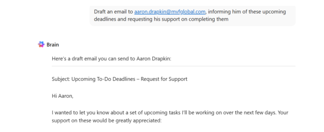 Screenshot of ClickUp Brain email. Source: Tech.co testing