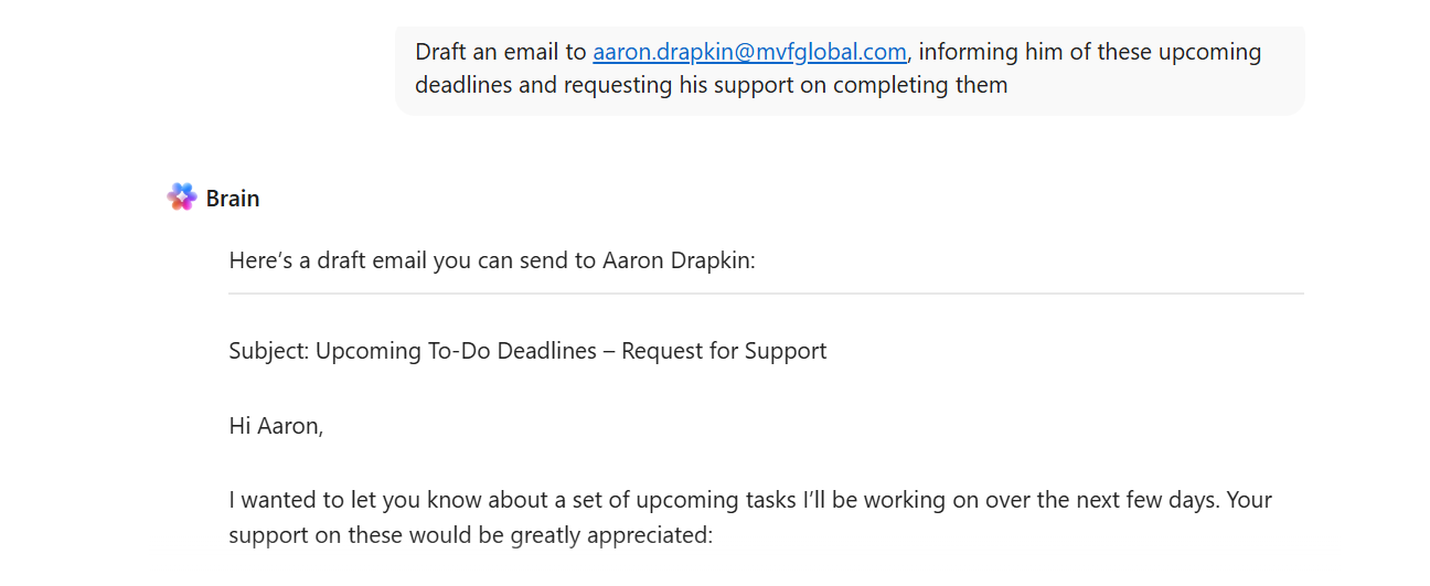 Screenshot of ClickUp Brain email. Source: Tech.co testing