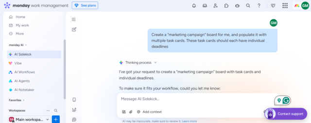 Screenshot of monday AI Sidekick. Source: Tech.co testing