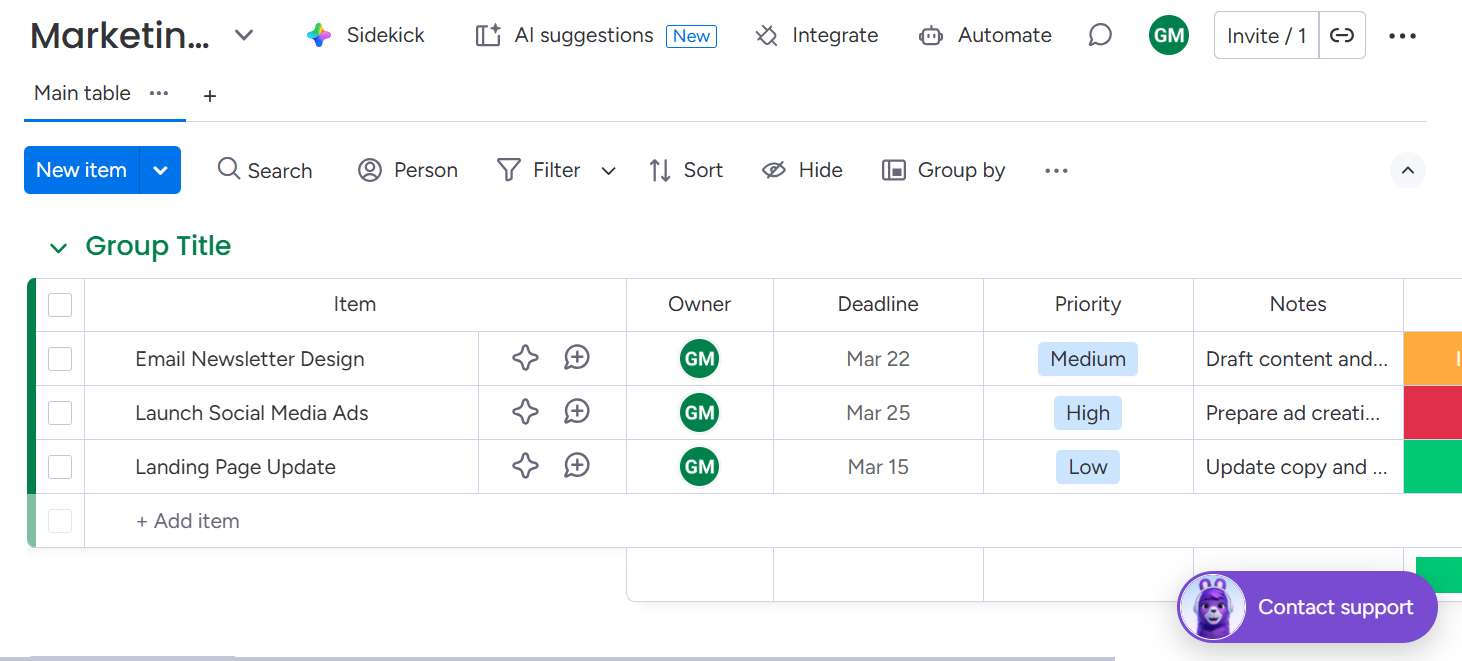 Screenshot of monday Work Management board created by AI. Source: Tech.co testing