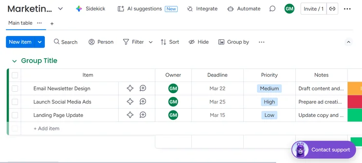 Screenshot of monday Work Management board created by AI. Source: Tech.co testing