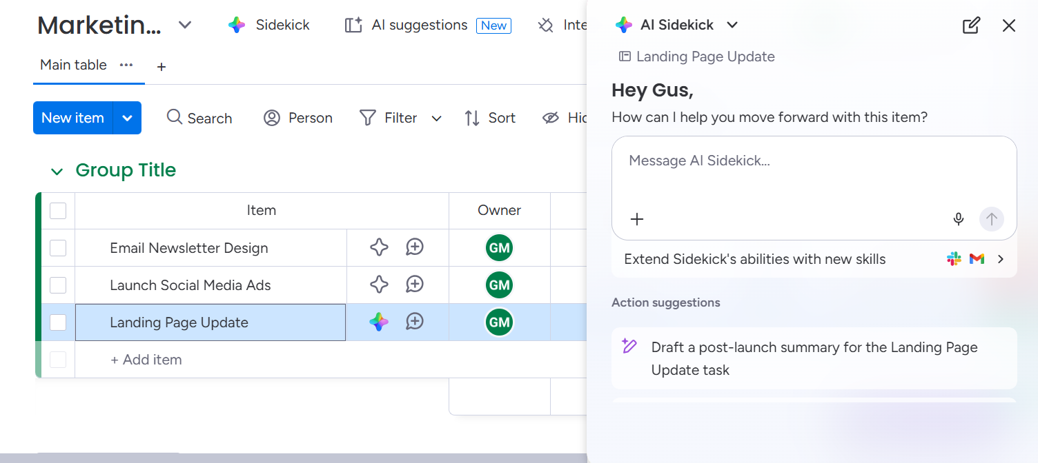 Screenshot of monday AI Sidekick widget. Source: Tech.co testing