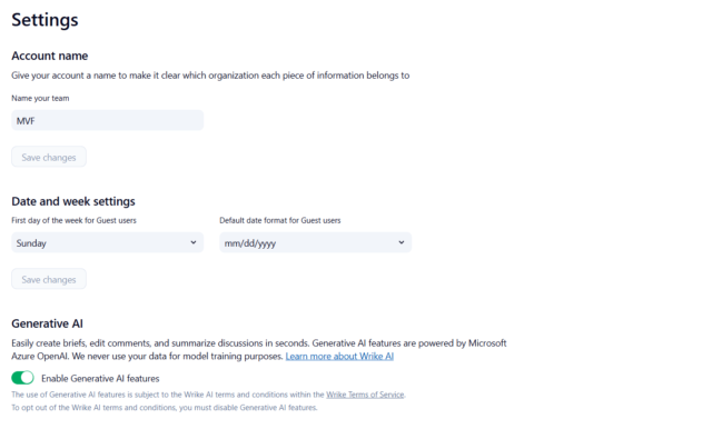 Screenshot of Wrike Settings. Source: Tech.co testing