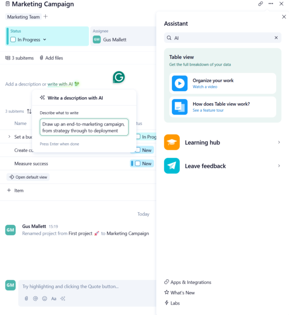 Screenshot of Wrike AI Tool. Source: Tech.co testing