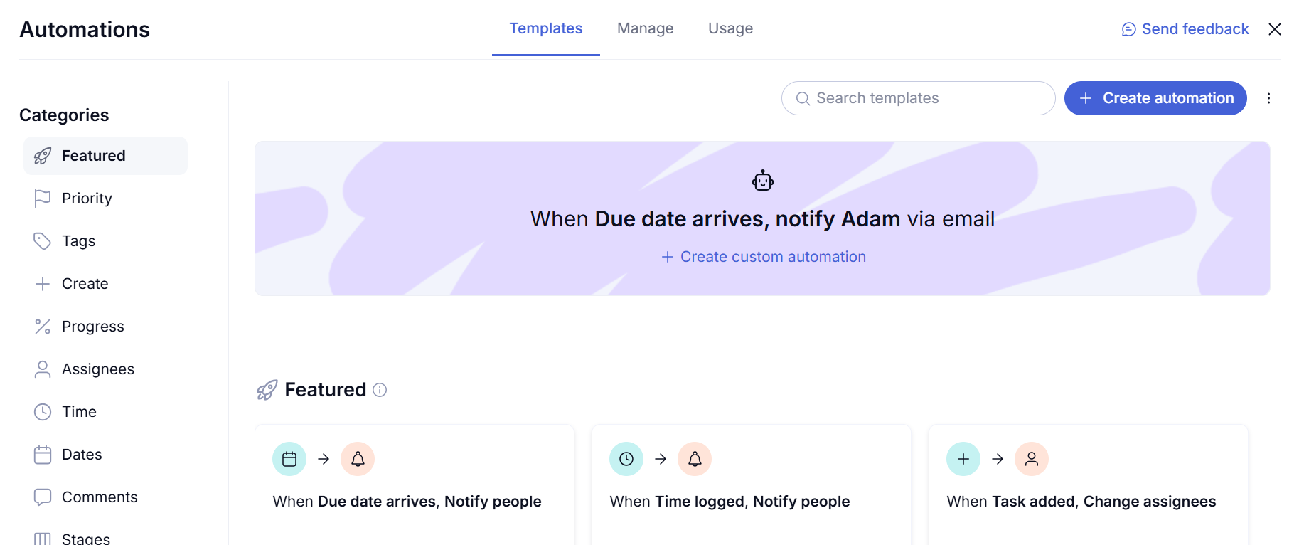 Screenshot of Teamwork automations library. Source: Tech.co testing