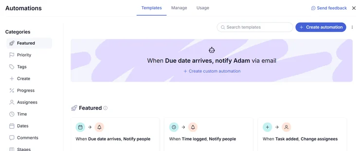 Screenshot of Teamwork automations library. Source: Tech.co testing