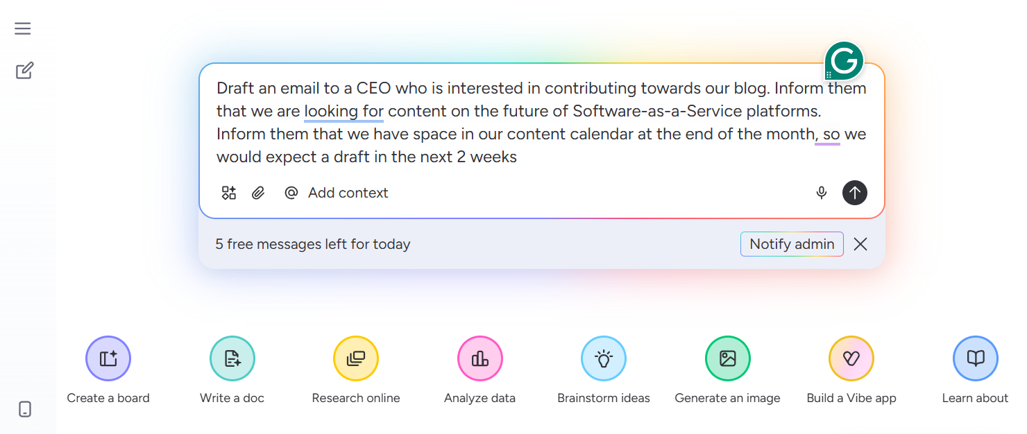 Screenshot of monday AI Sidekick prompt. Source: Tech.co testing