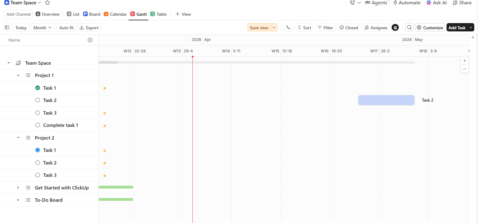 Screenshot of ClickUp Gantt chart. Source: Tech.co testing