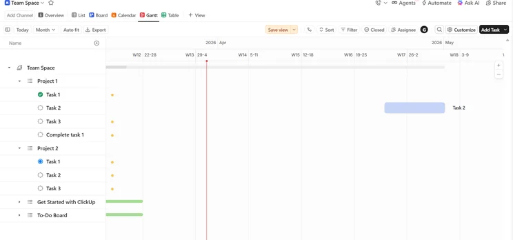 Screenshot of ClickUp Gantt chart. Source: Tech.co testing