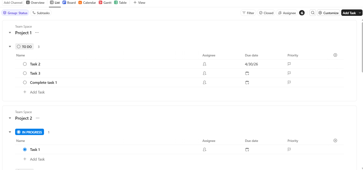 Screenshot of ClickUp List view. Source: Tech.co testing